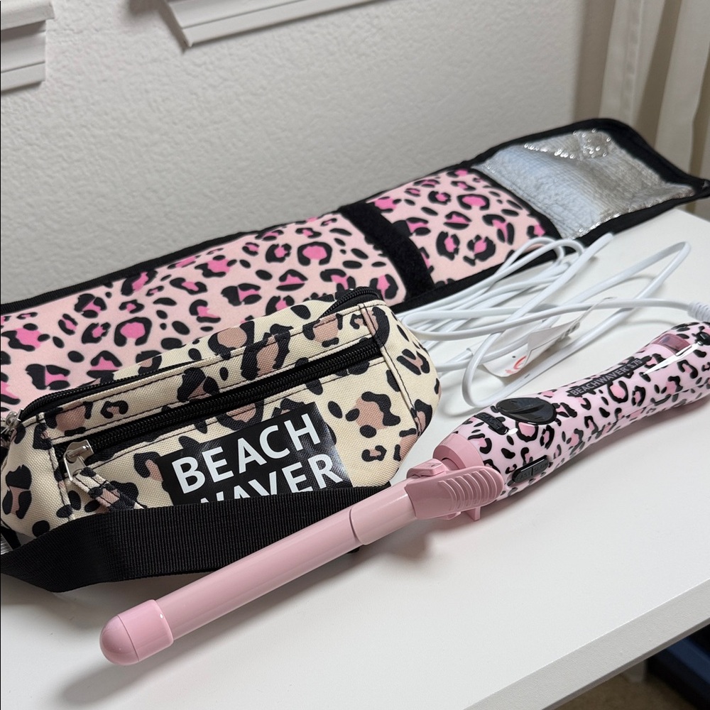 The Beachwaver Co. Pink Leopard Mini Curling Wand with Matching Pouch
